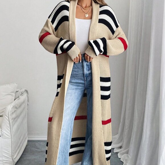 Multicolor Casual Women's Classic Striped open front sweater Cardigan - Picture 4 of 6